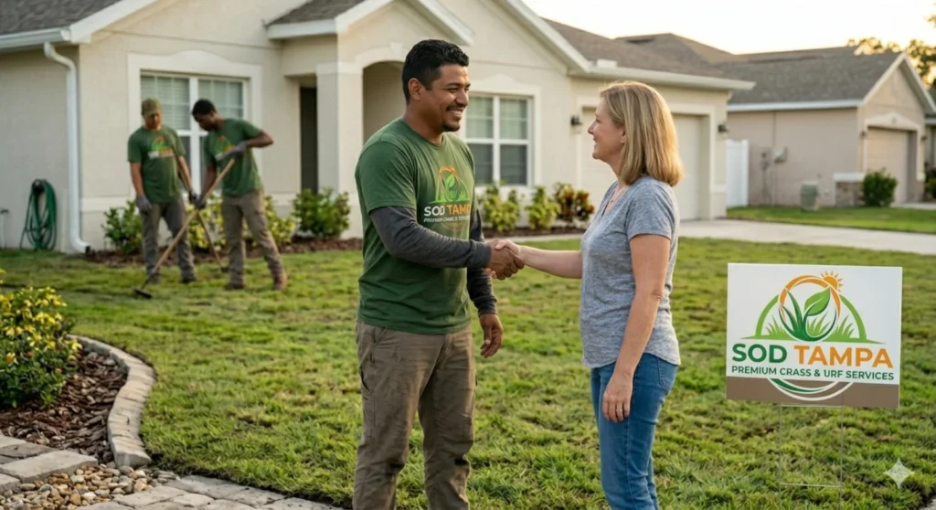Tampa Sod Company worker shaking hands with satisfied homeowner after sod installation